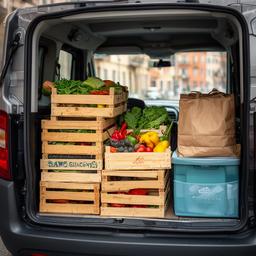 Cassette di generi alimentari sistemate in un mezzo per le consegne nel quartiere di San Giacomo a Trieste