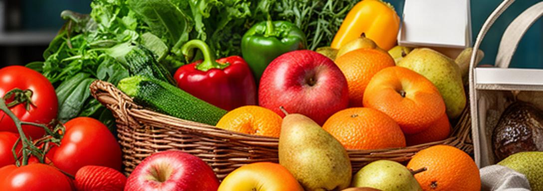 Cesto di frutta, verdura e prodotti da dispensa su un banco della spesa a Trieste