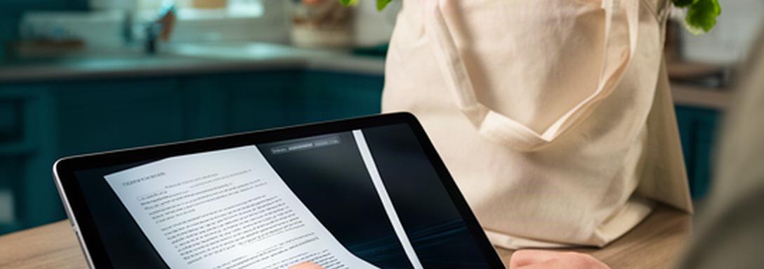 Persona che consulta un'informativa sulla privacy su un tablet accanto a una borsa della spesa in una cucina di Trieste