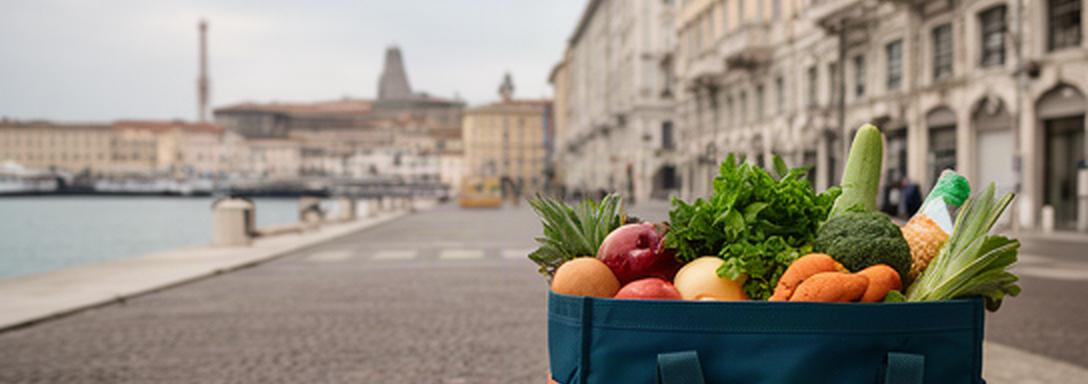 Borsa della spesa pronta per la consegna su una strada di Trieste vicino al porto