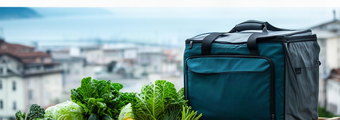 Cassette di frutta e verdura fresca accanto a una borsa termica per la consegna a domicilio a Trieste