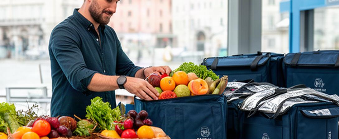 Addetta prepara una spesa con frutta fresca e borse termiche in un punto di consegna a Trieste