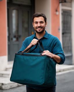 Addetto di Giulia's Home con borsa termica davanti al punto di consegna di Punto Franco Nuovo a Trieste